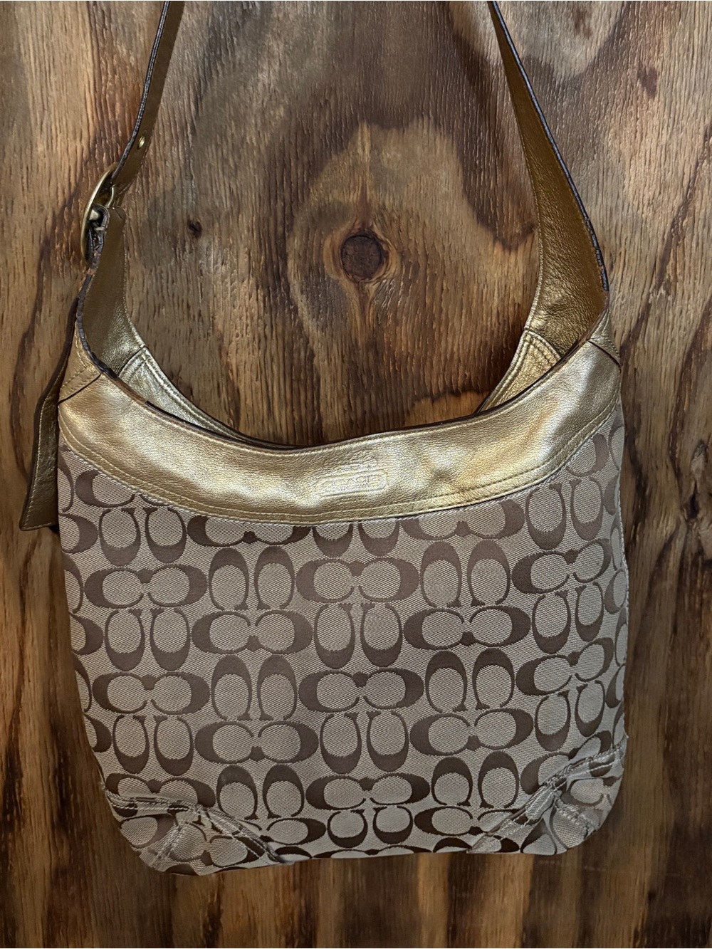 Coach Signature Shoulder Bag in Brown and Gold Metallic